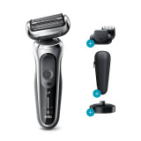 Electric Shaver, Series 7, Silver with beard trimmer attachment, travel case, and charging stand, 7027cs
