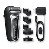 Electric Shaver, Series 7, Silver with beard trimmer attachment, travel case, and charging stand, 7027cs