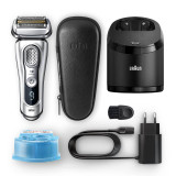 Electric Shaver, Series 9, Silver with Clean and Charge station and leather travel case, 9390cc