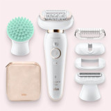 Epilator, Silk·épil 9 Flex, White/Gold with 6 extras including shaver head, trimmer cap, and body massage pad attachment, SES 9020 3D