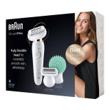 Epilator, Silk·épil 9 Flex, White/Gold with 6 extras including shaver head, trimmer cap, and body massage pad attachment, SES 9020 3D