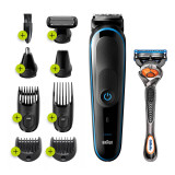 All-in-one trimmer 5 for Face, Hair, and Body, Black/Blue 9-in-1 styling kit with Gillette Fusion5 ProGlide razor, MGK5280