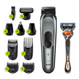 All-in-One trimmer 7 for Face, Hair, and Body, Black/Grey Metal 10-in-1 styling kit with Gillette Fusion5 ProGlide razor, MGK7221