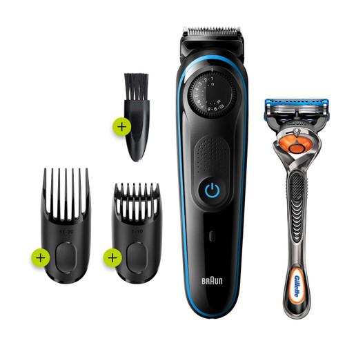 Beard Trimmer 3 for Face and Hair, Black/Blue with precision dial, and Gillette Fusion5 ProGlide razor, BT3240