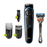 Beard Trimmer 3 for Face and Hair, Black/Blue with precision dial, and Gillette Fusion5 ProGlide razor, BT3240