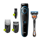 Beard Trimmer 5 for Face and Hair, Black/Blue with precision dial, and Gillette Fusion5 ProGlide razor, BT5240