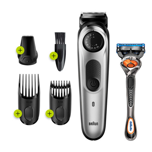 Beard Trimmer 5 for Face and Hair, Black/Silver with precision dial, and Gillette Fusion5 ProGlide razor, BT5260