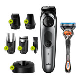 Beard Trimmer 7 for Face and Hair, Black/Grey with precision dial, and Gillette Fusion5 ProGlide razor, BT7240