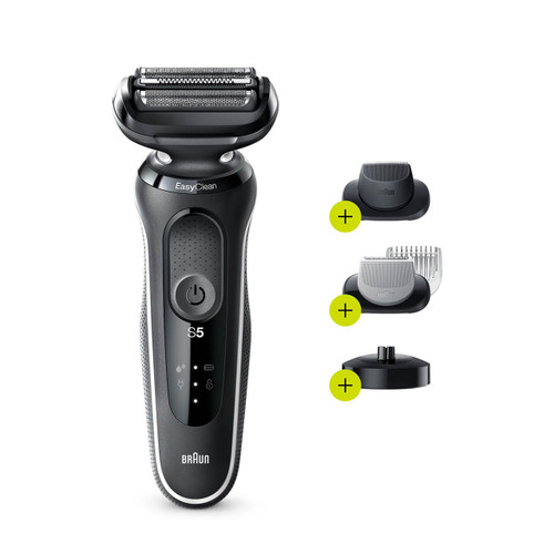 Electric Shaver, Series 5, White with body groomer and precision trimmer attachments, and charging stand, 5050cs