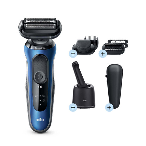 Electric Shaver, Series 6, Blue with SmartCare center, beard and stubble beard trimmer attachments, and travel case, 6090cc