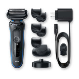 Electric Shaver, Series 5, Blue with beard trimmer attachment and charging stand, 5049cs