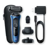 Electric Shaver, Series 6, Blue with precision trimmer attachment, travel case, and charging stand, 6040cs