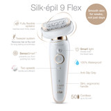 Epilator, Silk·épil 9 Flex, White/Gold with 6 extras including shaver head, trimmer cap, and body exfoliation brush attachment, SES 9030 3D