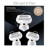 Epilator, Silk·épil 9 Flex, White/Gold with 6 extras including shaver head, trimmer cap, and body massage pad attachment, SES 9020 3D