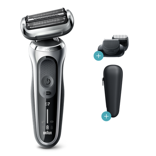 Electric Shaver, Series 7, Silver with precision trimmer, beard trimmer attachments, and travel case, 7025s