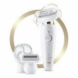 Epilator, Silk·épil 9 Flex, White/Gold with 6 extras including shaver head, trimmer cap, and body exfoliation brush attachment, SES 9030 3D